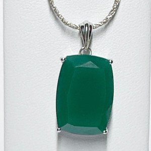 HUGE Cushion Cut Green Onyx Sterling Silver Pendant w/ Chain